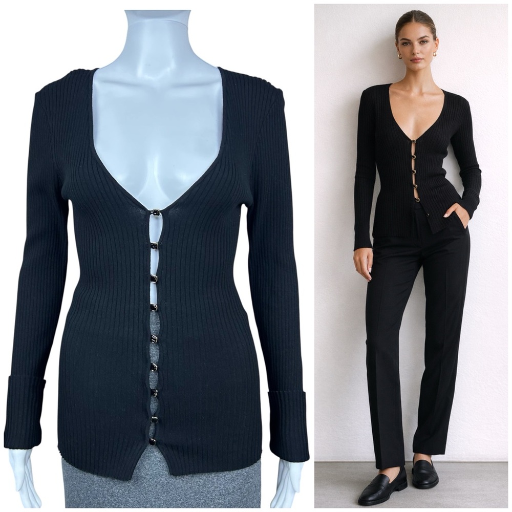 DISSH Ribbed Deep V-Neck Knit Cardigan Size M Gold Button Minimalist Capsule Top